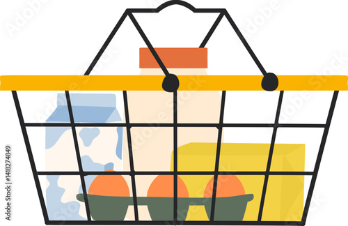 Grocery shopping basket full of food market products. Milk, butter, egg and bottle illustration