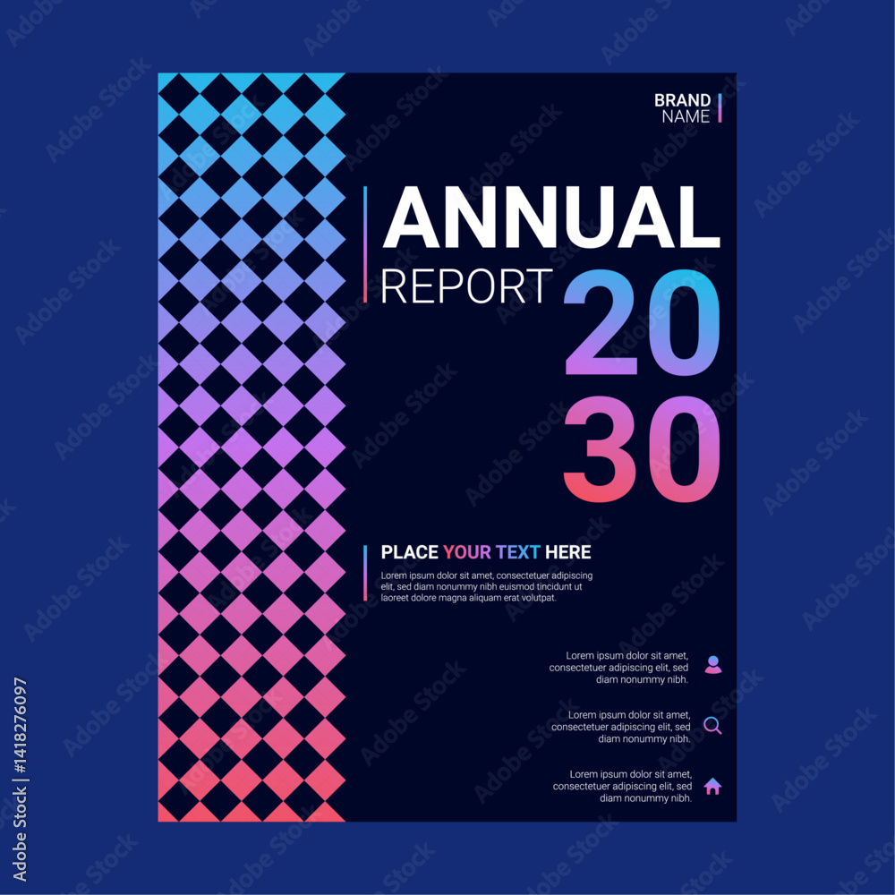 Modern annual report cover design template with dark background and colorful gradient square pattern for professional business brochure or corporate presentation Modern annual report cover design template with dark background and colorful gradient square pattern for professional business brochure or corporate presentation