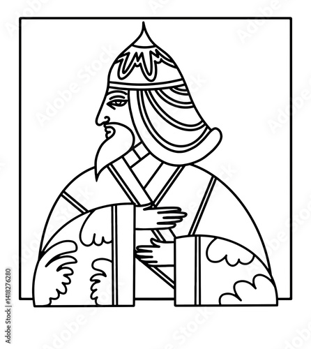 Stylized Line Art Portrait of Uzbeg Khan in Historical Garb