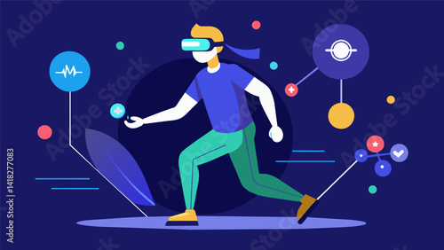 A virtual reality rehabilitation program that uses immersive simulations and tracked movements to aid in injury recovery and physical therapy.. Vector illustration