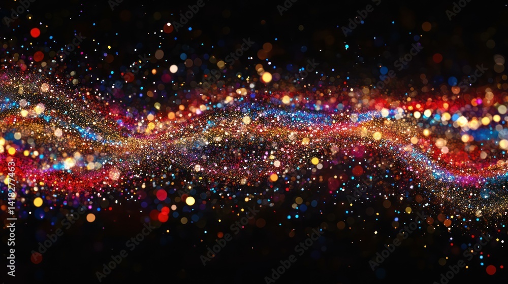 Obraz premium Abstract multicolored bokeh lights form a dynamic wave against black backdrop.