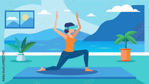 A VR yoga room with soothing ocean sounds in the background as a person recovering from a shoulder injury goes through a series of stretches and. Vector illustration