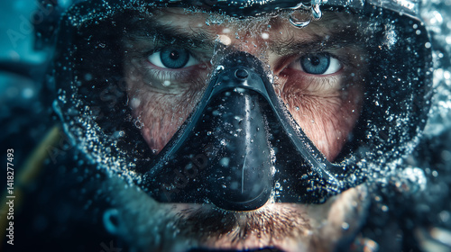 Underwater portrait of a male scuba diver wearing a diving mask and wetsuit