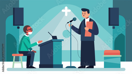 As the pastor delivers his sermon the sound operator adjusts the volume levels ensuring every member of the congregation can hear clearly.. Vector illustration