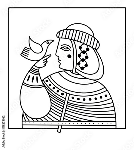 Minimal Line Art Portrait of Princess Olga with a bird 