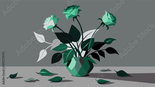 A still life of wilting flowers captured in shades of cool greens and grays symbolizing the fragility and impermanence of life.. Vector illustration