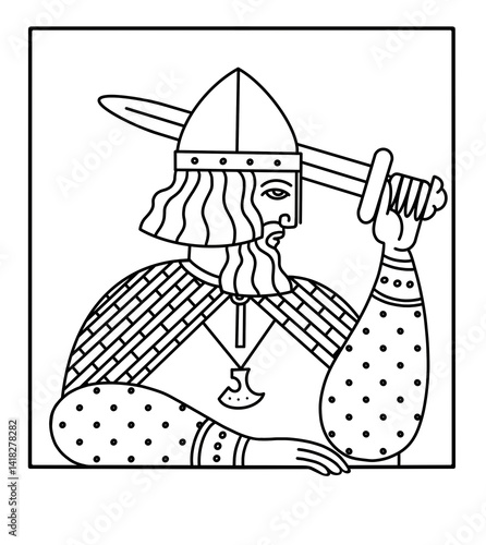 Minimal Line Art Portrait of Prince Oleg with Sword and Axe 