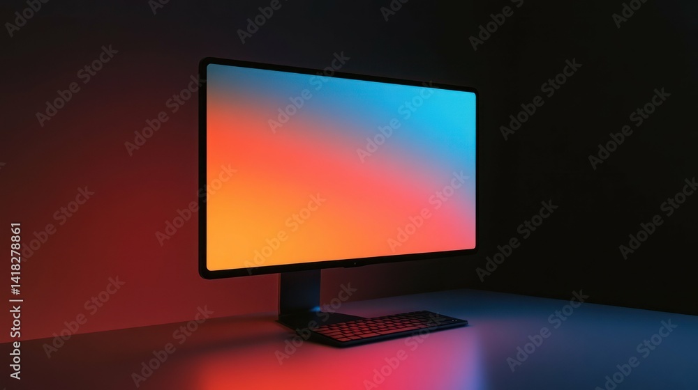 Minimalist computer setup with a gradient screen and sleek keyboard design. Minimalist computer setup with a gradient screen and sleek keyboard design.