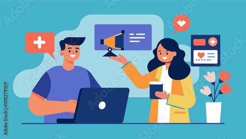 A team member coordinating with the worship leader to project a video that complements the message of the sermon.. Vector illustration