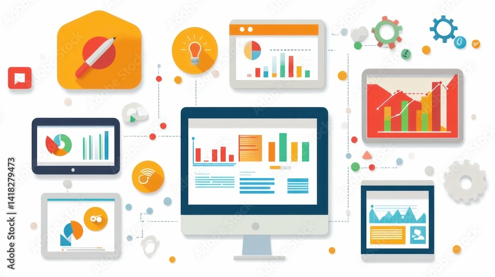 Illustration of interconnected devices showing data and analytics charts. Illustration of interconnected devices showing data and analytics charts.
