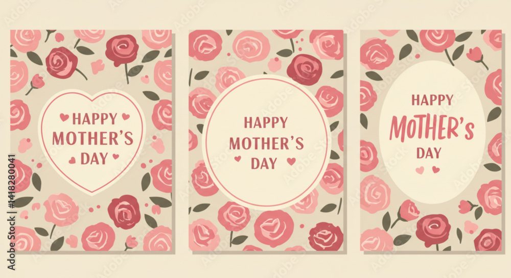 Mother's Day greeting cards with pastel roses and flat decorative design Mother's Day greeting cards with pastel roses and flat decorative design