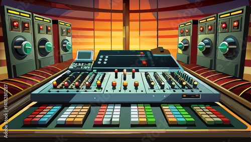 Mixing console with faders and knobs in a professional recording studio
