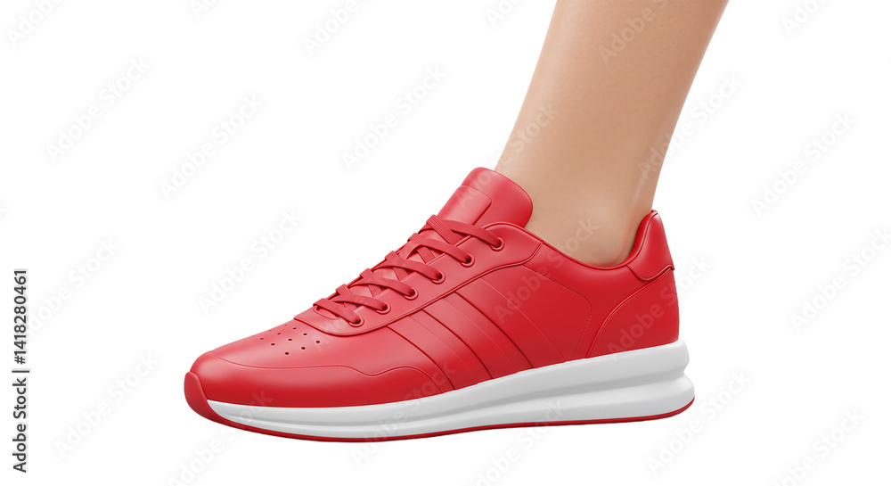 A close up of a person wearing a red sneaker with white sole on a white background in studio shot A close up of a person wearing a red sneaker with white sole on a white background in studio shot