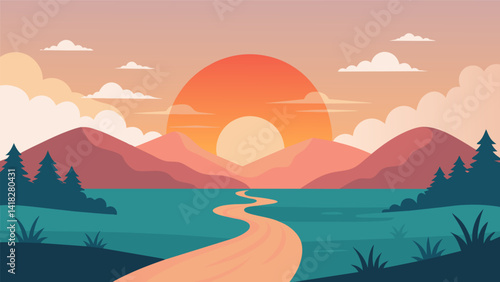 A sketch of a sunset over a serene landscape symbolizes the peace and inner calm that can be achieved through the recovery journey.. Vector illustration