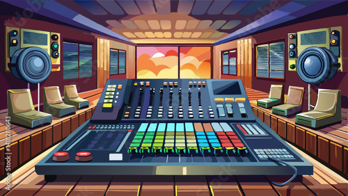Mixing console with faders and knobs in a professional recording studio