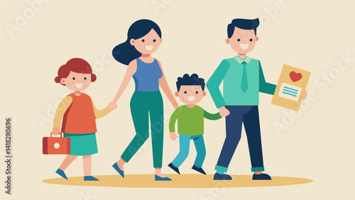 A family of four walking hand in hand with the youngest child proudly holding a certificate that reads officially adopted.. Vector illustration