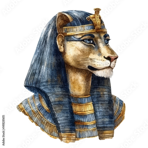 watercolor of Egyptian Goddess Sekhmet With A Lions Head, vector, isolated on a white background.