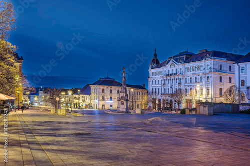 Night scene of Baranya County Hall at Széchenyi square in Pécs