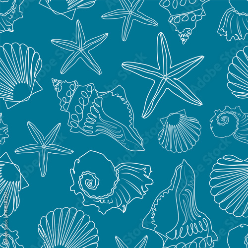 Line seashell pattern. Marine inhabitants. Vector illustration in sketch style. Underwater life seamless background. Pattern of shells and starfish. Blue texture for prints, wrapping paper, textiles.