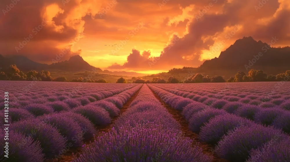 A serene lavender field under a beautiful, warm, sunset sky with mountains. A serene lavender field under a beautiful, warm, sunset sky with mountains.