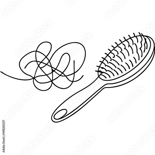Hairbrush and tangled hair in minimalist line art  