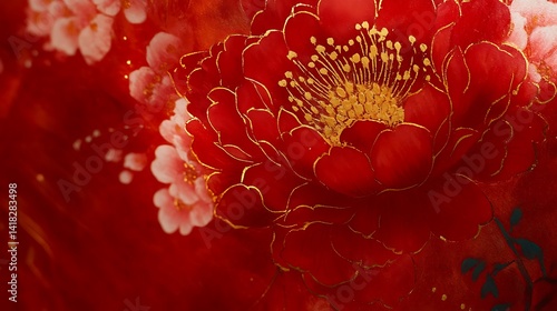 Detailed close-up of a vibrant red peony flower.