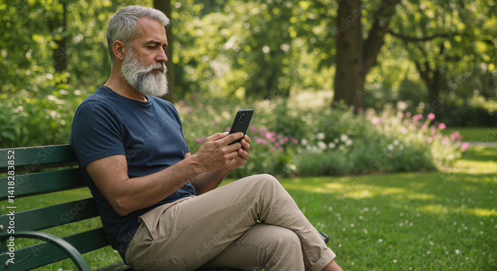 Fototapeta premium Senior man enjoying nature while using smartphone in the park 