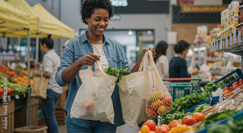 Happy woman shopping for fresh vegetables at market  