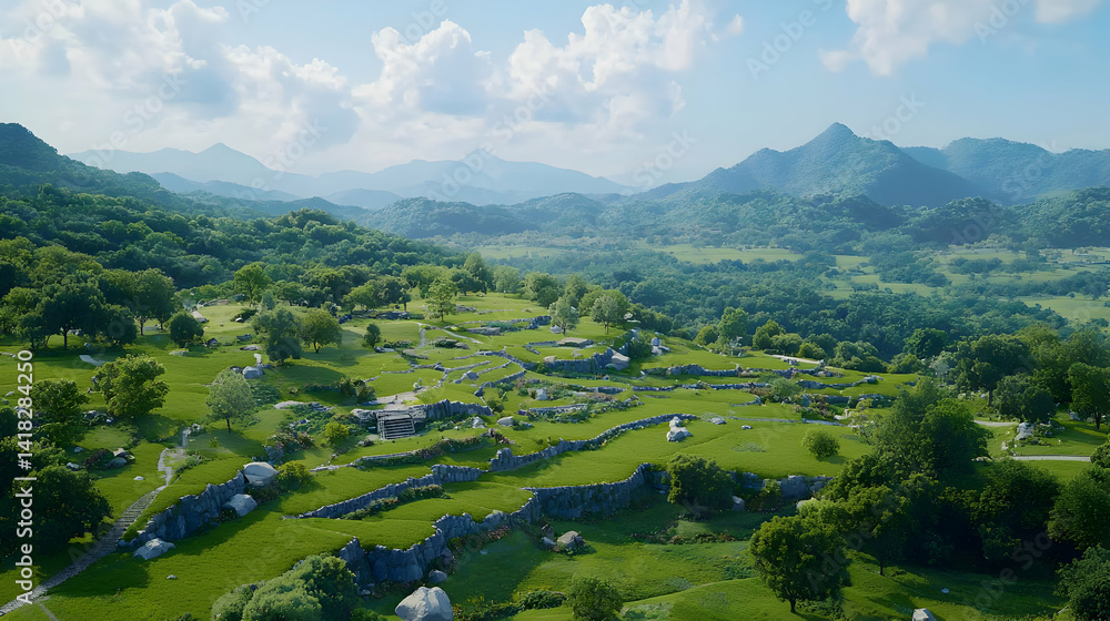 Obraz premium Aerial View Of Lush Valley With Ancient Structures