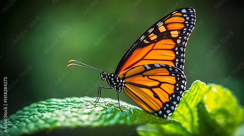 Obraz premium Close-up view of a vibrant monarch butterfly resting on a leaf.