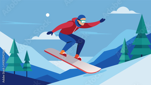 A snowboarder shredding through a virtual terrain park perfecting their jumps and grabs under the watchful eye of a virtual coach.. Vector illustration