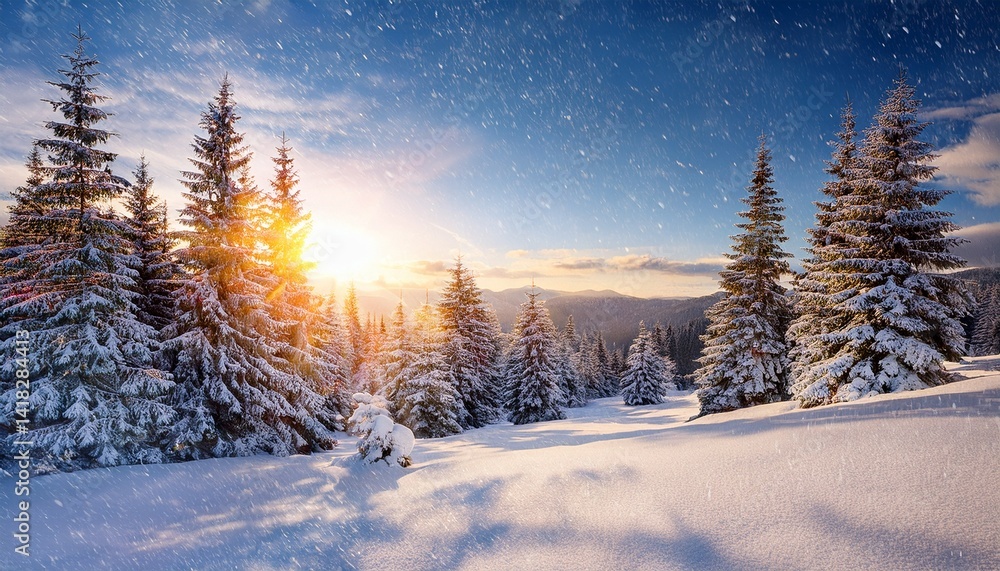 Naklejka premium Winter landscape Snow covered conifer trees and snowflakes at sunrise