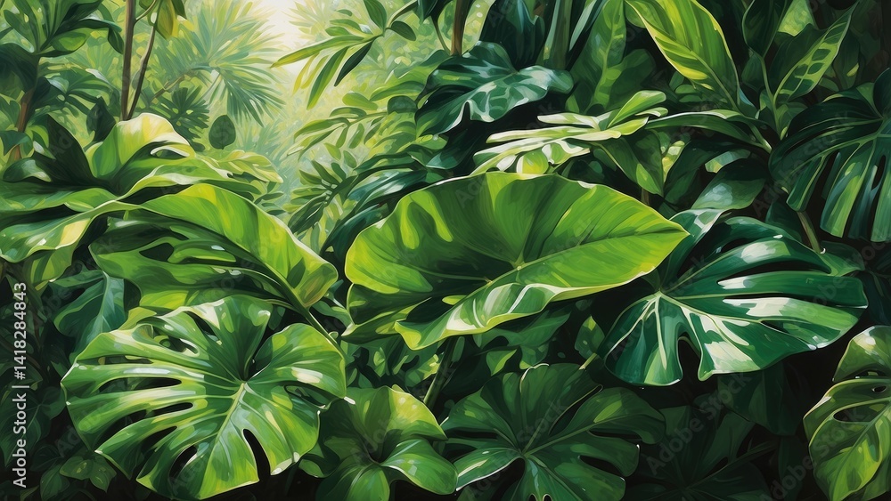 Obraz premium A close-up view of lush tropical foliage featuring large, glossy green leaves, including split and elongated forms