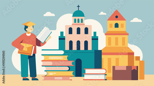 A stacks of reference books and historical photos an architect works on plans to restore a dilapidated church bringing it back to its former glory.. Vector illustration