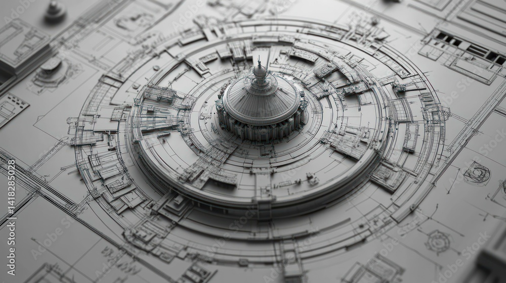 Architectural blueprint style drawing featuring a dome structure design. Architectural blueprint style drawing featuring a dome structure design.