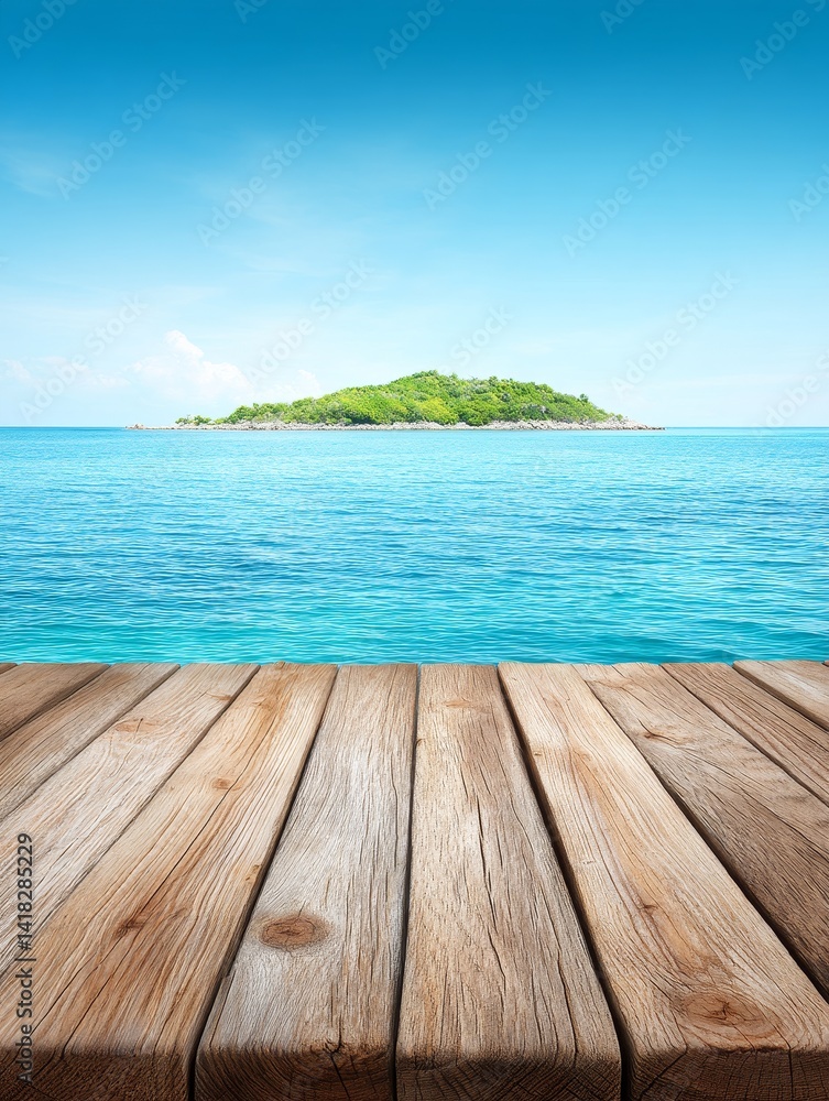 Fototapeta premium Tranquil Island Getaway - Serene ocean view with a small island in the distance, wooden planks in the foreground. Perfect for travel, vacation, or summer themes