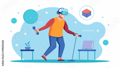 A virtual reality therapy session that uses simulated movements to help those with Parkinsons disease improve their motor symptoms and increase their. Vector illustration