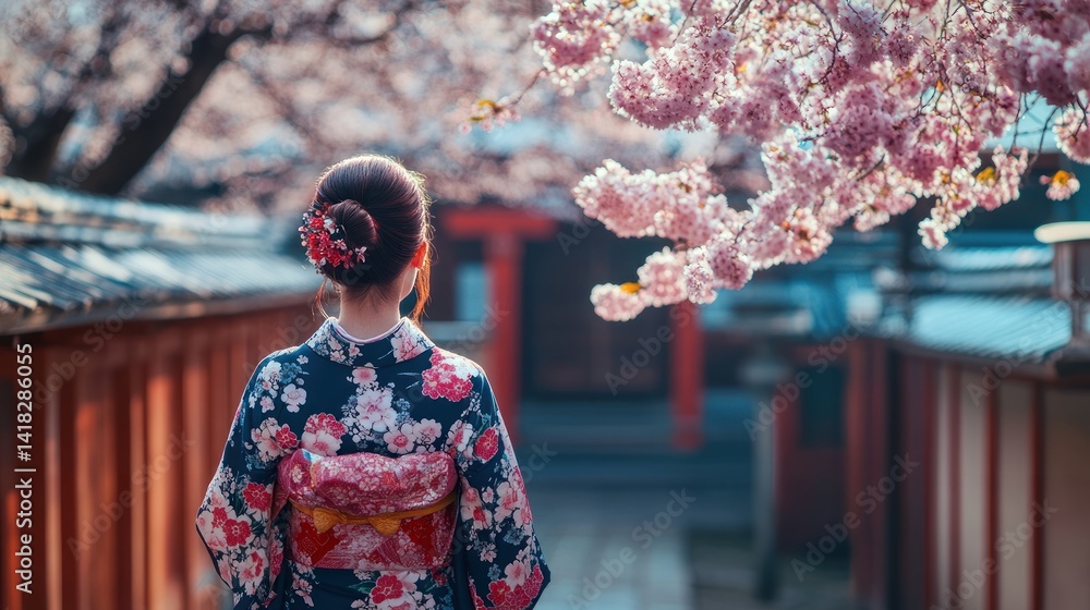 Fototapeta premium Woman in Kimono Walking Under Blooming Cherry Trees in Japan