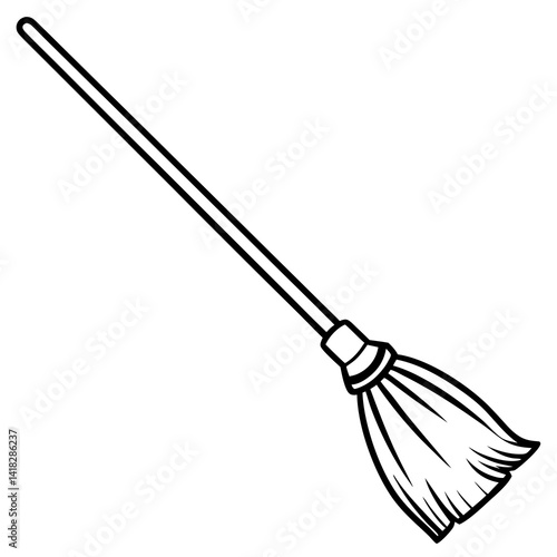 Broom Silhouette: A simple yet elegant monochrome illustration of a broom, perfect for use in design projects, evoking cleanliness and functionality. 