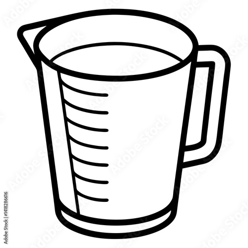 Measuring Cup: Clean graphic illustration of a measuring cup used for food preparation in the kitchen, showcasing accurate measurements, the cup is depicted filled with a clear liquid.