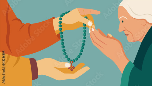 As the rosary is passed from one hand to the other the elderly fingers glide over each bead like a familiar and wellloved piece of jewelry.. Vector illustration