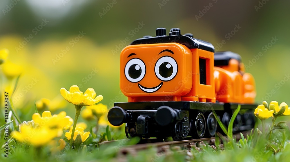 Obraz premium Smiling train toy in a meadow