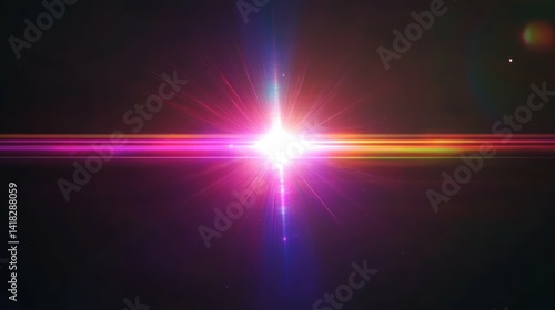 Lens flare bright light with burst beams, abstract cosmic energy radiation.