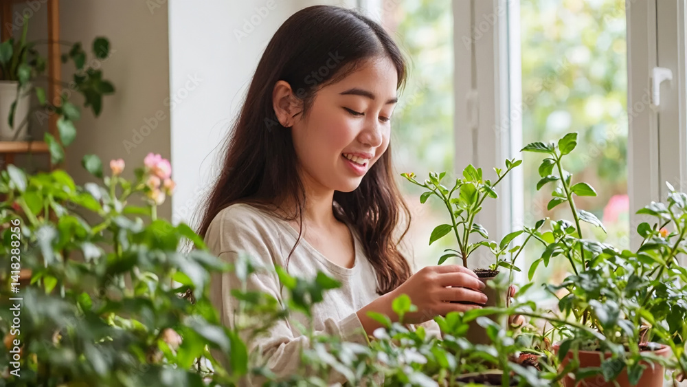 Smiling Asian woman tending to a potted plant near a bright window Smiling Asian woman tending to a potted plant near a bright window