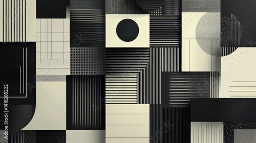 Abstract geometric pattern with black, white, and beige shapes design.