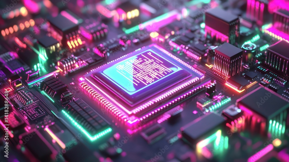 Close-up of a vibrant, neon-lit circuit board, symbolizing modern technology. Close-up of a vibrant, neon-lit circuit board, symbolizing modern technology.