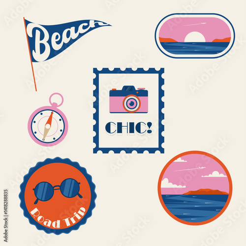 Set of travel stickers in retro style. Vintage collection of isolated badges and stamps in flat style. Nostalgia of 70s, 80s	