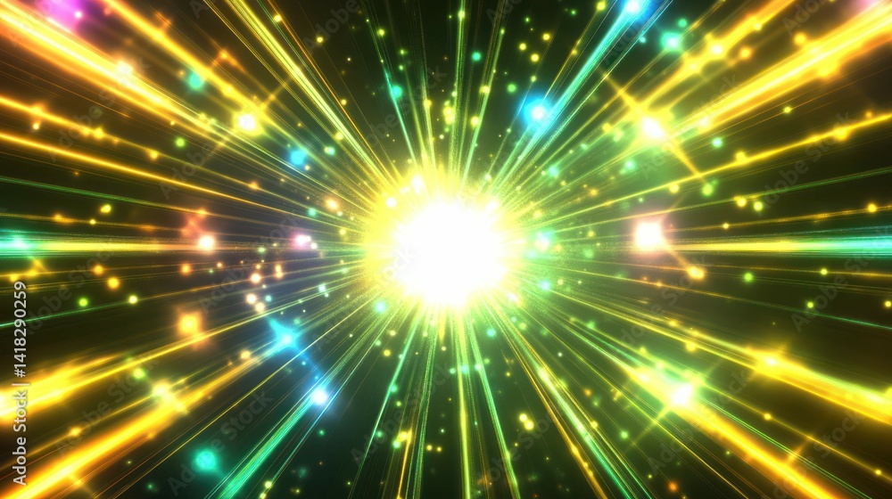 Naklejka premium Colorful beams radiate from a bright central point, dynamic abstract design.