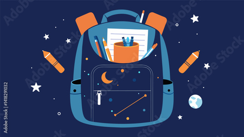 A travelers backpack is filled with sketchbooks and pencils their adventures documented through drawings of the various constellations they have. Vector illustration
