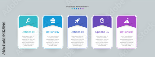 Horizontal progress bar featuring 5 arrow-shaped elements, symbolizing the five stages of business strategy and progression. Clean timeline infographic design template. Vector for presentation